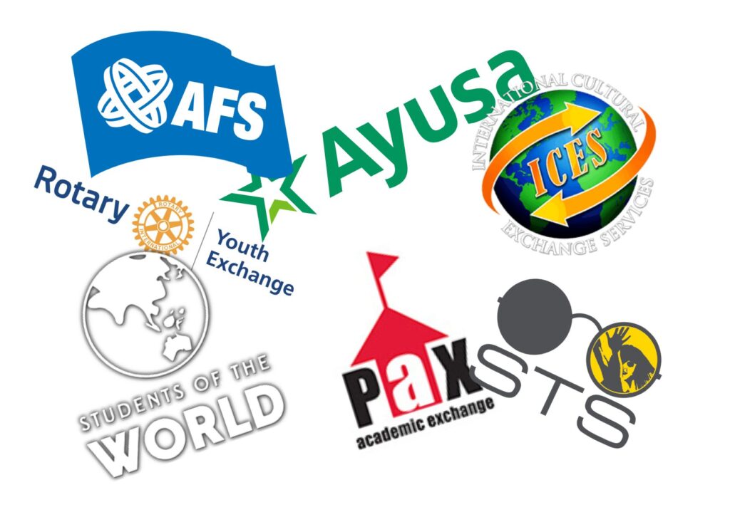 The logo's of several organisations that organise exchanges, such as Ayusa, YFU, Rotary