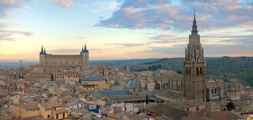 Beautiful Toledo skyline with a large church tower and monastery dominating the old town